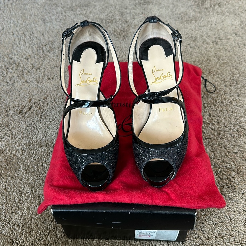 Black patent leather with lace overlay Louboutin heel